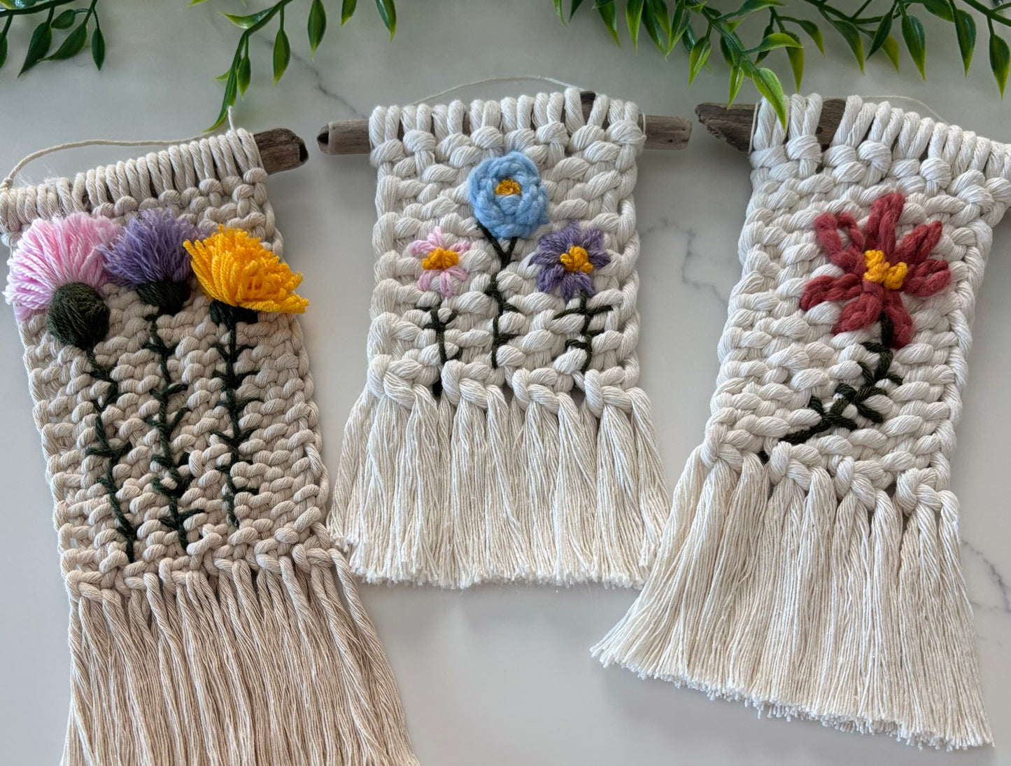 Botanical embroidered macrame hanging