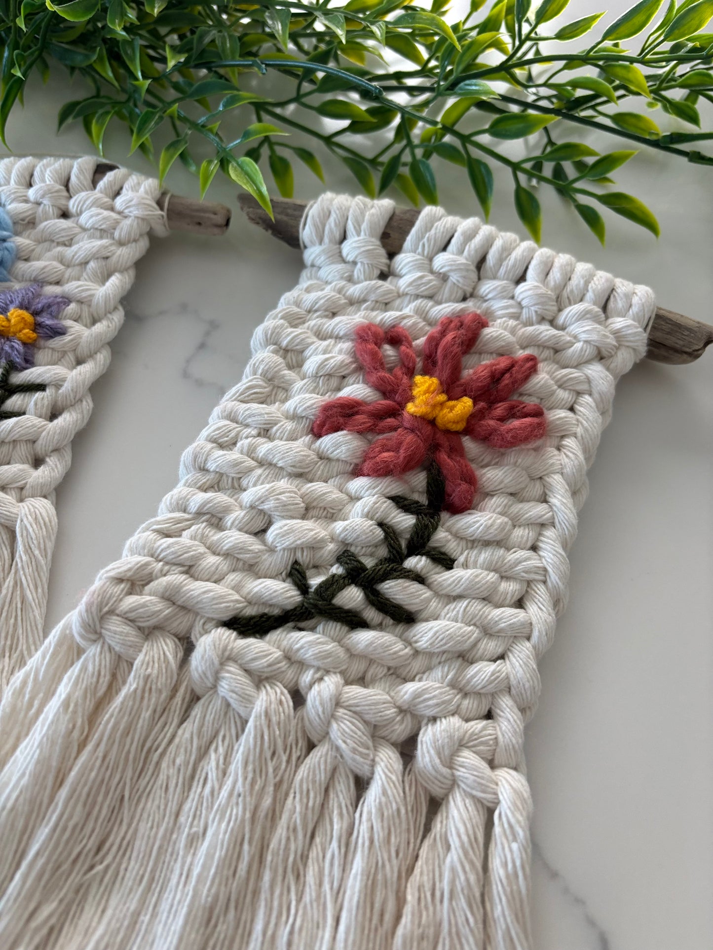 Botanical embroidered macrame hanging