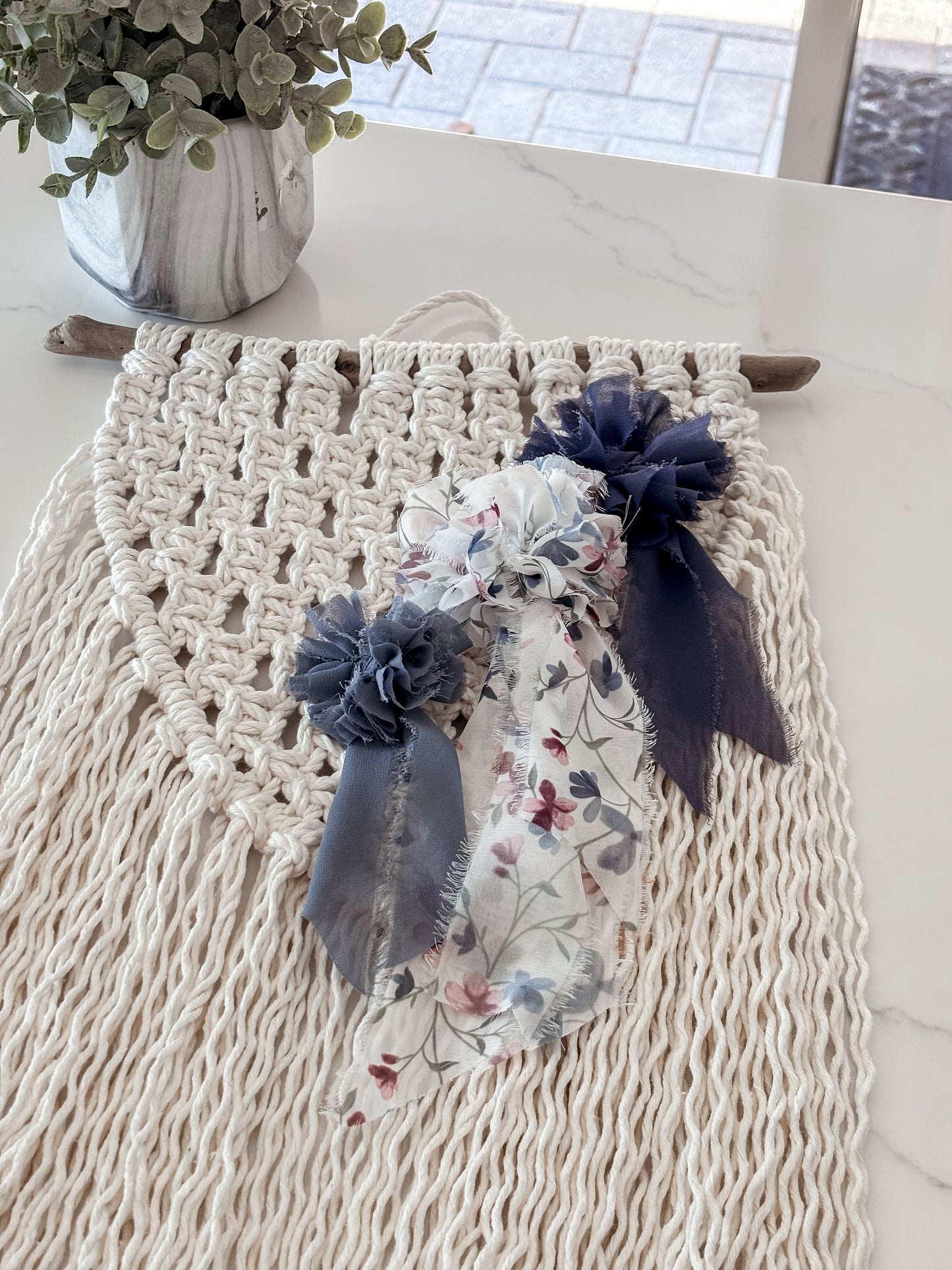Blue flower boho style macrame