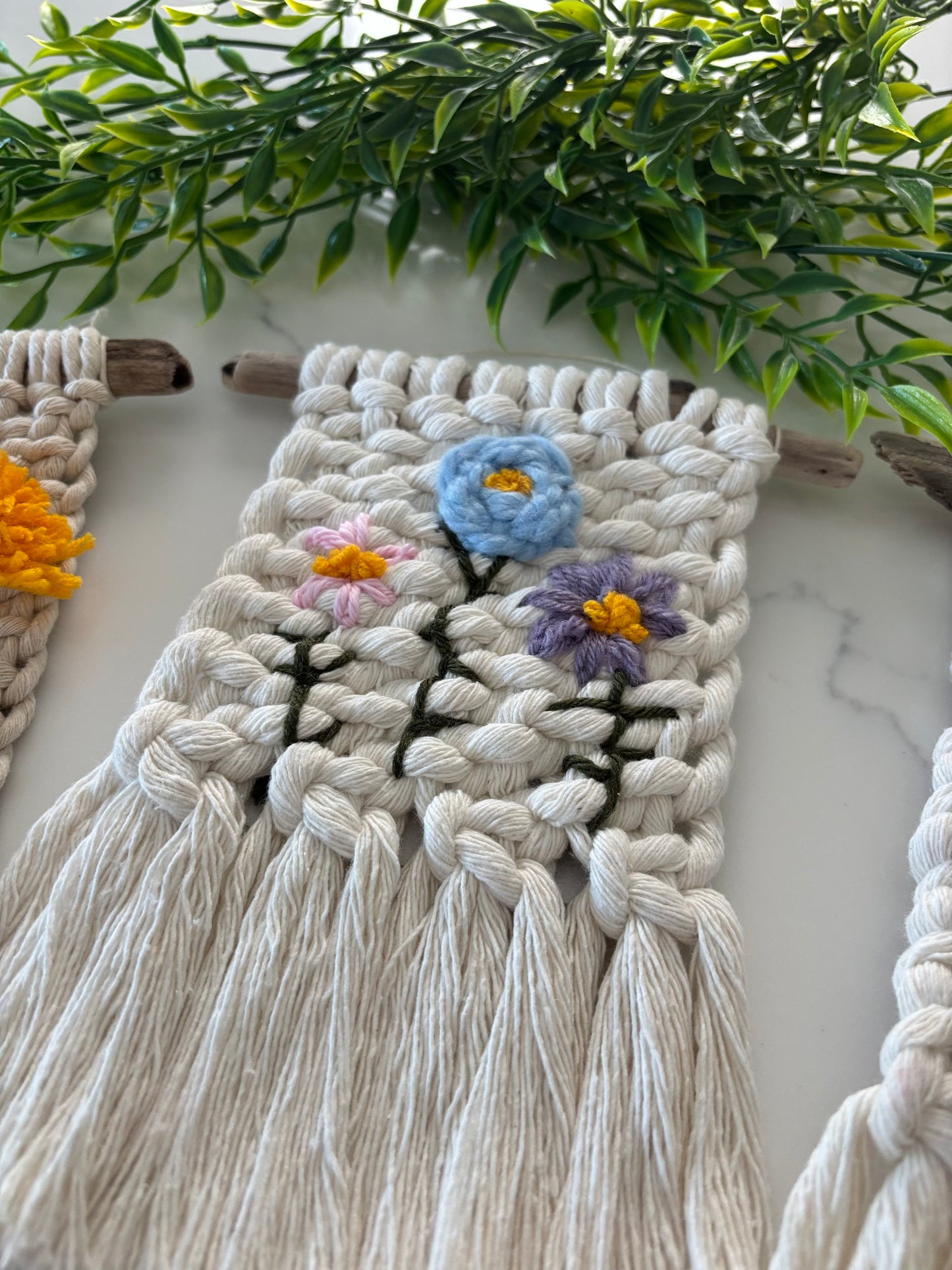 Botanical embroidered macrame hanging