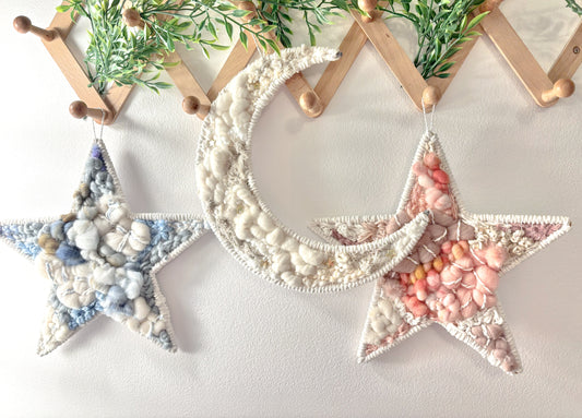 Woven crescent moon, nursery decor, celestial art