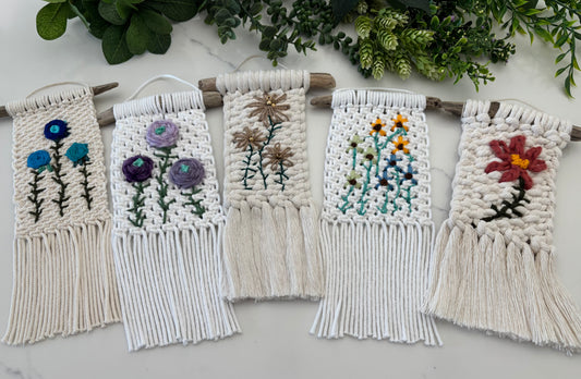 Botanical embroidered macrame hanging