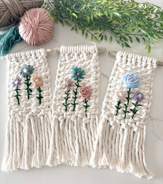 Botanical embroidered macrame hanging